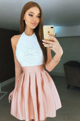 Formal A-Line Halter White Lace Blush Satin Short Homecoming Dresses
